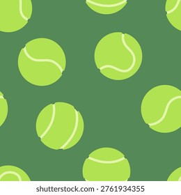 Tennis balls vector seamless pattern illustration. Classic tennis balls on green background. Popular court game repeat tile for sport and tournament designs, media promotion, textile, stationery
