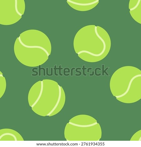 Tennis balls vector seamless pattern illustration. Classic tennis balls on green background. Popular court game repeat tile for sport and tournament designs, media promotion, textile, stationery