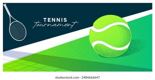 tennis banner, ball on the tennis court, racket, place for text, green color, vector banner for social media, fleur poster, print