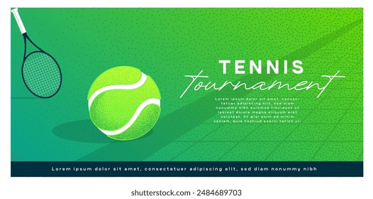 Anuncio de tenis, pelota en la pista de tenis, raqueta, lugar para texto, color verde, Anuncio de Vector para redes sociales