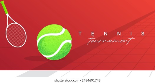 tennis banner, ball on the tennis court, racket, place for text, red color, vector banner for social media