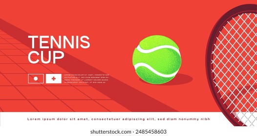 Anuncio de tenis, campeonato, juego, copa, trenniroski, club de tenis, Anuncio de Vector con la Imagen de una pista, pelota y raqueta de tenis, fondo rojo