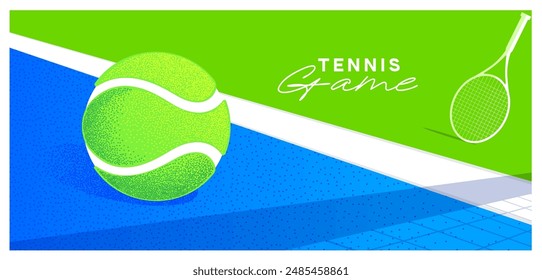 Anuncio de tenis, campeonato, juego, copa, trenniroski, club de tenis, Anuncio de Vector con la Imagen de una pista, pelota y raqueta de tenis, fondo azul y verde