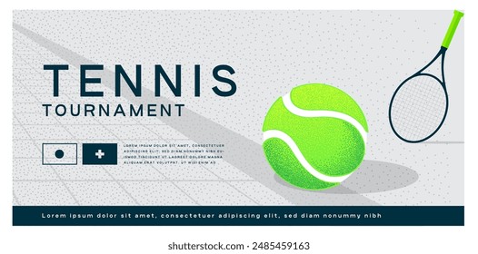 Anuncio de tenis, campeonato, juego, copa, trenniroski, club de tenis, Anuncio de Vector con la Imagen de una pista, pelota y raqueta de tenis, fondo gris