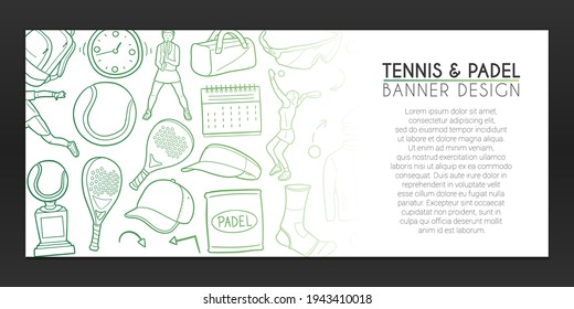 Pancarta de tenis Doodle. Palo de fondo dibujado. Iconos deportivos. Diseño horizontal vectorial.