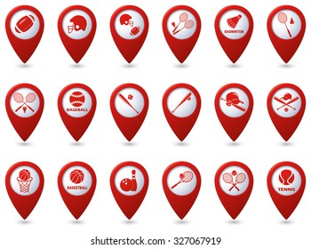 Tennis, Baseball, American football icons on red map pointers.