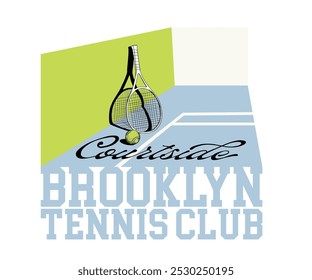 Tennis bat ball in courtside vector illustration, Retro Brooklyn tennis club vector design for poster, t shirt, graphic print  