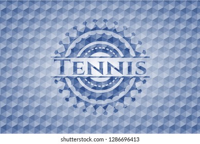 Tennis blue badge with geometric pattern background.