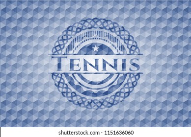 Tennis blue emblem or badge with geometric pattern background.