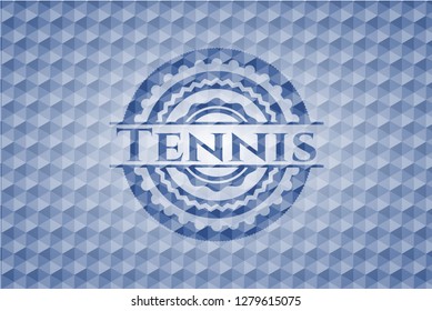 Tennis blue emblem or badge with geometric pattern background.