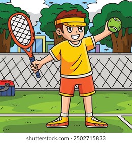 Chico de tenis con una raqueta y bola de dibujos animados de color