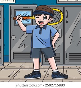 Tennis Boy with a Racket Colored Cartoon I