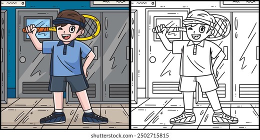Tennis Boy with Racket Coloring Page Illustration