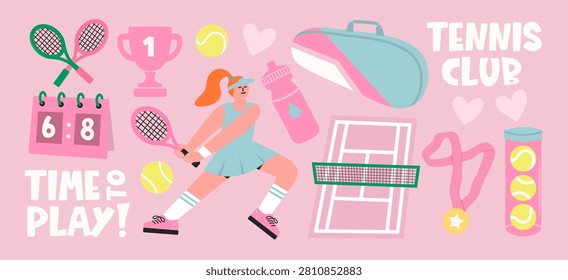 Tennis Bundle. Clipart for designs, cards, invitations, fabrics, prints, stickers. Vector Illustration