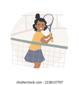 Tennis camp isolated cartoon vector illustration. Tennis court, junior club, day camp, sport summer program, physical outdoor exercise, afterschool training, daycare center vector cartoon.