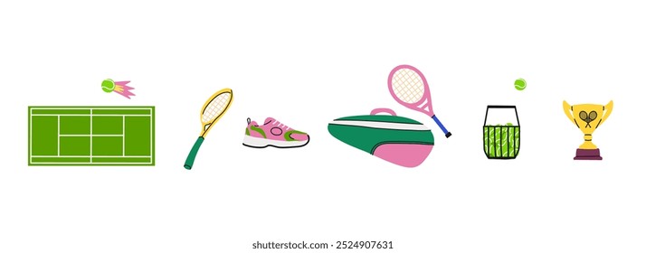 Tennis cartoon elements. Green field with lawn, ball, rackets, sneakers and cup. Sports equipment set. Competition court and hobby or professional game, vector isolated bright colorful illustration