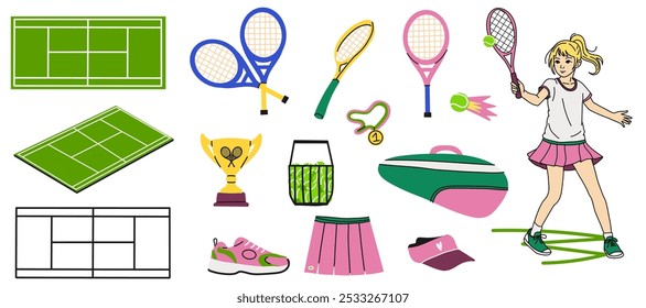 Elementos de dibujos animados de tenis. Campo verde con césped, pelota, raquetas, zapatillas y taza. Una joven atleta. Conjunto de equipos deportivos. Pista de competencia y hobby o Vector de juego profesional ilustración aislada