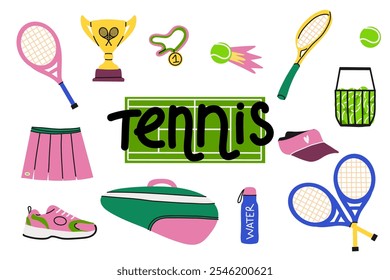 Tennis cartoon elements. Green field with lawn, ball, rackets, sneakers and cup. Sports equipment set. Competition court and hobby or professional game, vector isolated bright colorful illustration