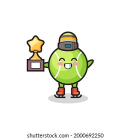 tennis cartoon as an ice skating player hold winner trophy , cute style design for t shirt, sticker, logo element