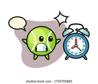 Tennis cartoon surprised with a giant alarm clock
