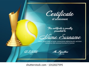 Tennis Certificate Diploma With Golden Cup Vector. Sport Vintage Appreciation. Modern Gift. Print Blank. A4 Horizontal. Event Illustration