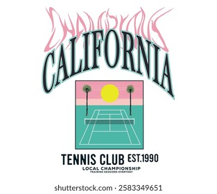 Tennis champions team. Athletic club art. Palm tree vector design. Tennis court graphic design. California tennis club artwork for t shirt, posters, stickers, background and others.