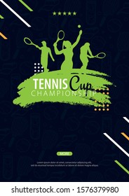 Tennis Championship banner, design with player and racquet on dark background. Vector illustration