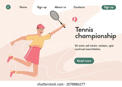 Tennis championship landing page design. Happy smiling man playing tennis vector cartoon illustration. The male character in sports clothes holds a racquet.