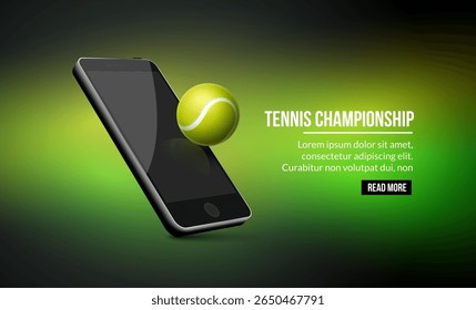 Promoção de aplicativo móvel do campeonato de tênis com bola de tênis verde emergindo do smartphone no fundo de gradiente verde preto.