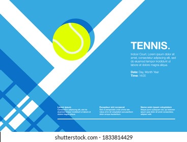 Tennis Championship and Tournament Landscape Poster. Indoor, Blue, Indoor Court. Ball on the Line. Net Shadow on floor. Close up. Flat, Simple, Retro style - Vector - Shutterstock ID 1833814429