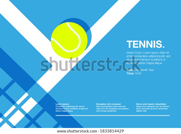 Tennis Championship and
Tournament Landscape Poster. Indoor, Blue, Indoor Court. Ball on
the Line. Net Shadow on floor. Close up. Flat, Simple, Retro style
- Vector