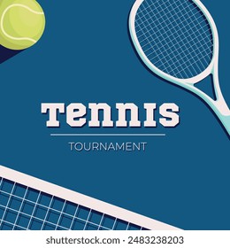 Diseño de póster de campeonato de tenis o torneo. Raqueta de tenis y pelota aislada. Ilustración vectorial.