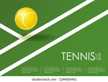 Tennis championship or tournament poster. Horizontal template for sport competition, tennis championship. Grass court and ball. Ball on the Line. Sports equipment. Modern illustration for card, cover