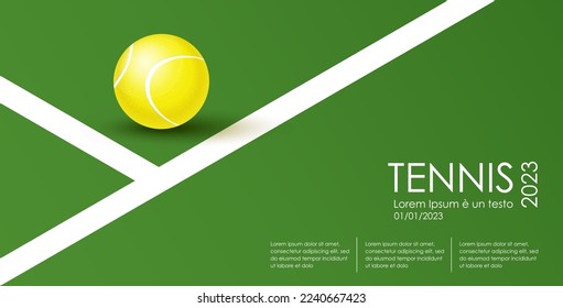 Tennis championship and tournament poster. Illustration for sports competition, lawn tennis championship. Ball on the Line. Tennis court and ball. Sports equipment. Modern illustration for card, cover