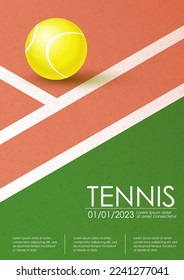 Tennis championship and tournament poster. Illustration for sports competition, lawn tennis championship. Ball on line. Tennis court and ball. Sports equipment. Vertical illustration for card, cover