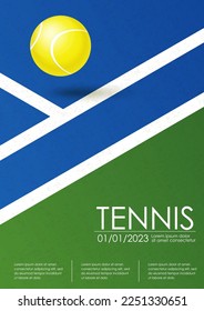 Tennis championship and tournament poster. Illustration for sports competition, lawn tennis championship. Ball on line. Tennis court and ball. Sports equipment. Vertical illustration for card, cover