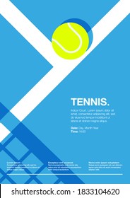 Tennis Championship and Tournament Poster. Indoor, Blue, Court. Ball on the Line. Net Shadow on floor. Close up. Flat, Simple, Retro style - Vector