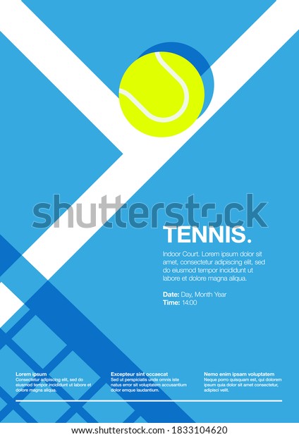 Tennis Championship and Tournament Poster.\
Indoor, Blue, Court. Ball on the Line. Net Shadow on floor. Close\
up. Flat, Simple, Retro style -\
Vector