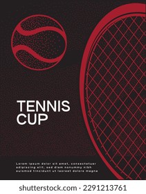 Tennis championship and tournament poster. Red, black, court. Ball on the line. Pure shadow on the floor. Close. Flat, simple, retro style - vector