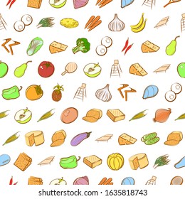 Tennis, Cheeses, Fruits and Health food set. Background for printing, design, web. Usable as icons. Seamless. Colored.