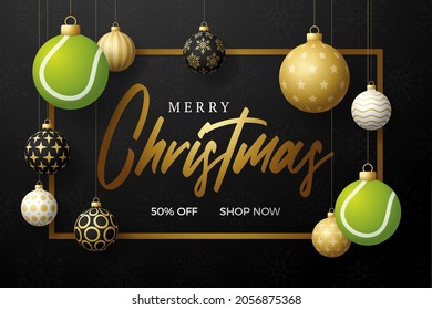 tennis Christmas card. Merry Christmas sport greeting card. Hang on a thread Tennis ball as a xmas ball and golden bauble on black horizontal background. Sport Vector illustration.