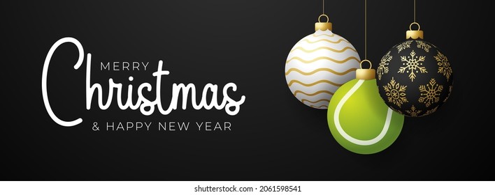 tennis Christmas card. Merry Christmas sport greeting card. Hang on a thread Tennis ball as a xmas ball and golden bauble on black horizontal background. Sport Vector illustration.