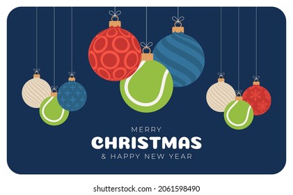 tennis christmas greeting card. Merry Christmas and Happy New Year flat cartoon Sports banner. tennis ball as a xmas ball on background. Vector illustration.