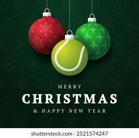 tennis Christmas Greeting card. Merry Christmas and happy new year sport greeting card. Hang on a thread green and red xmas ball bauble on green on background. Sport Vector illustration.