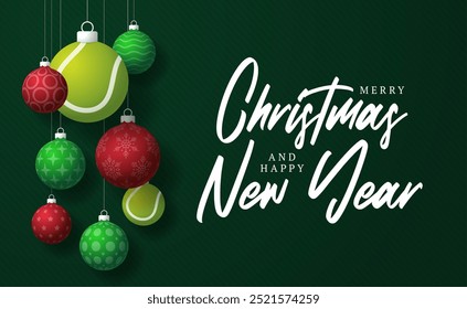 tennis Christmas Greeting card. Merry Christmas and happy new year sport greeting card. Hang on a thread green and red xmas ball bauble on green on background. Sport Vector illustration.