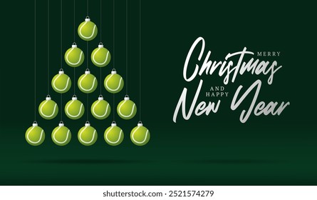 tenis Navidades Tarjeta de felicitación. Feliz Navidades y feliz año nuevo tarjeta de felicitación deportiva. Cuelgue en un hilo de chuchería de bola de Navidad verde y roja sobre fondo verde. Ilustración vectorial deportiva.