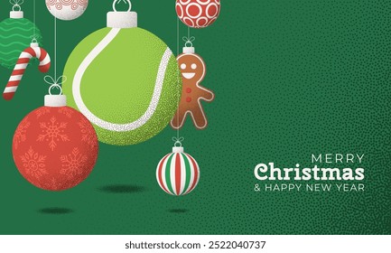 tennis Christmas Greeting grainy card. Merry Christmas and happy new year sport retro greeting card. Hang on a thread xmas ball bauble on noise green stipple background..