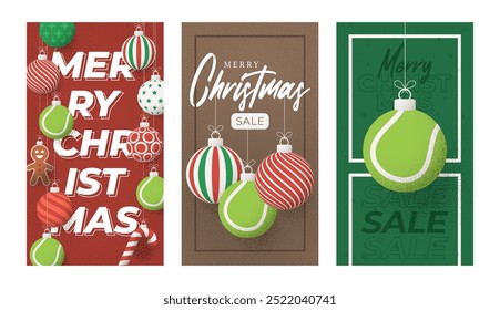 Navidades de tenis Tarjeta de felicitación granulada. Vertical Feliz Navidades y feliz año nuevo tarjeta de felicitación deportiva retro. Colgar en un hilo bola de Navidad chuchería en el ruido de fondo de puntilla.