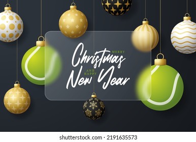 Tennis Christmas sale banner or greeting card. Merry Christmas and happy new year sport banner with glassmorphism or glass-morphism blur effect. Realistic vector illustration.