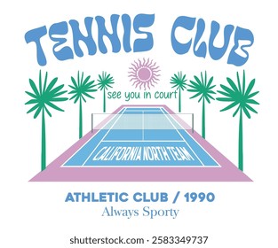 Tennis club artwork for t shirt, posters, stickers, background and others. Tennis champions team. Athletic club art. Palm tree vector design. Tennis court graphic design.